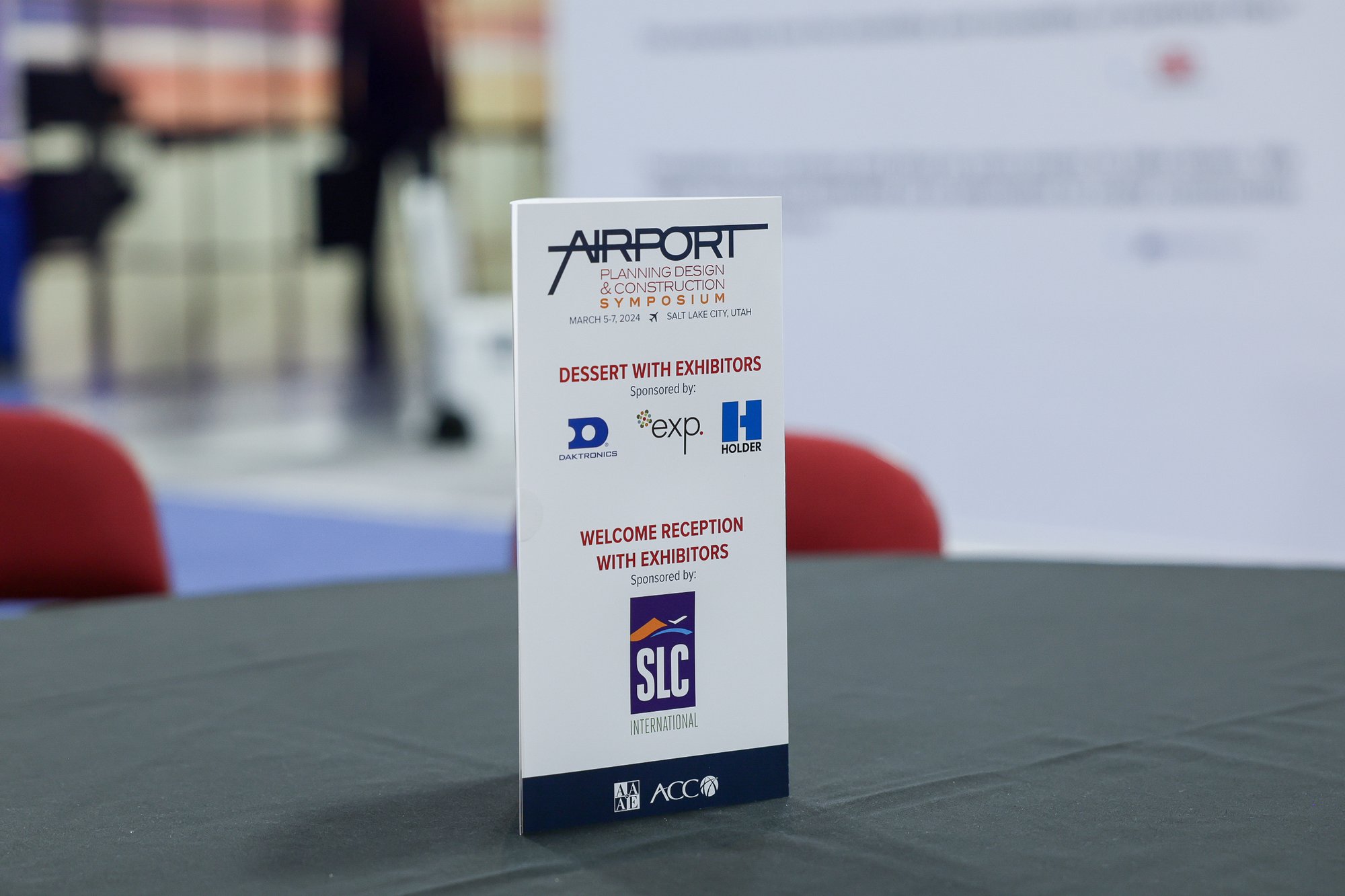 Tabletop sign thanking sponsors of the 2024 AAAE/ACC Airport Planning, Design, & Construction Symposium in Salt Lake City.