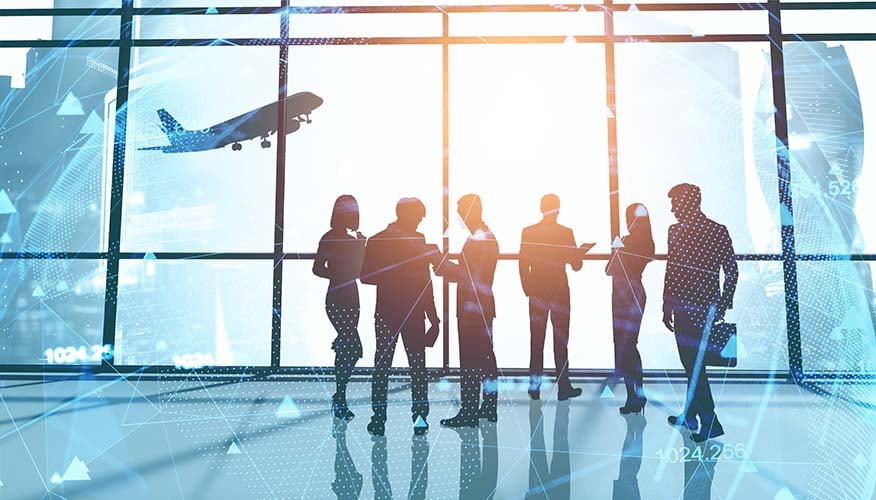 people standing in airport, globe superimposed_SM